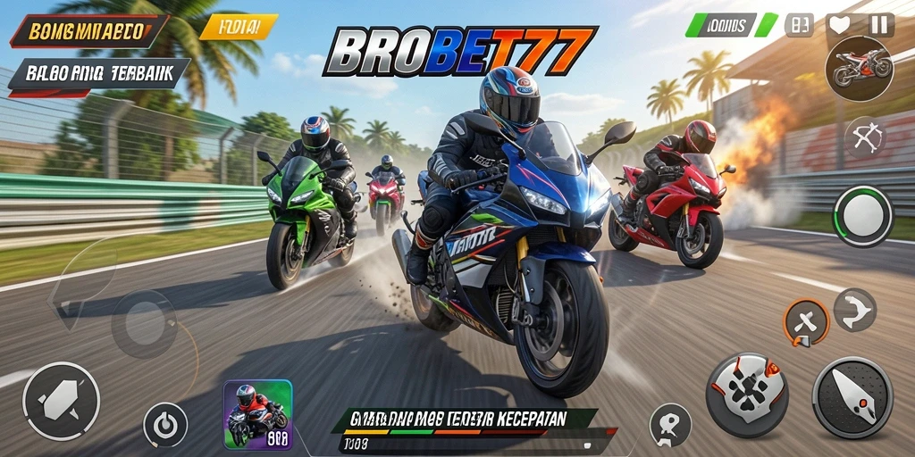 Screenshot gameplay BROBET77 menampilkan aksi balap motor yang menegangkan.
