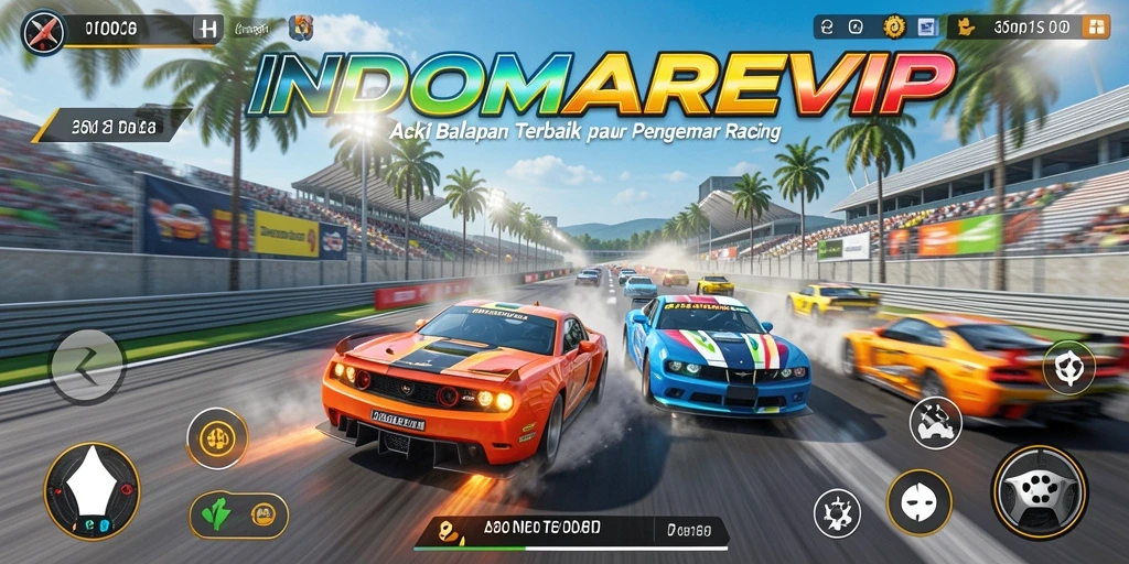 Screenshot gameplay INDOMAREVIP menunjukkan aksi balapan yang mendebarkan.