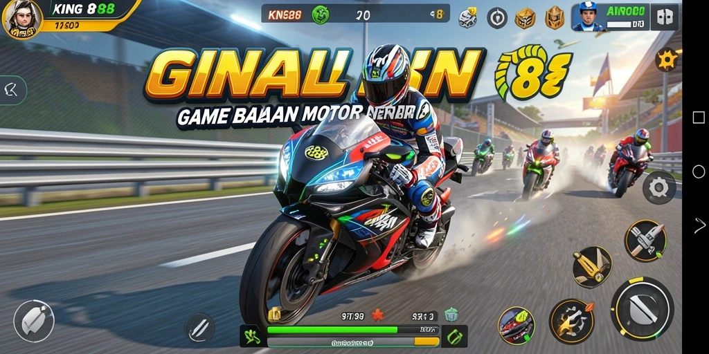 Gameplay KING88 yang seru dengan balapan motor menegangkan.