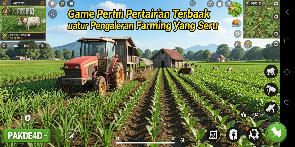 Tangkapan layar utama PAKDE4D menampilkan suasana pertanian yang hidup dan interaktif.