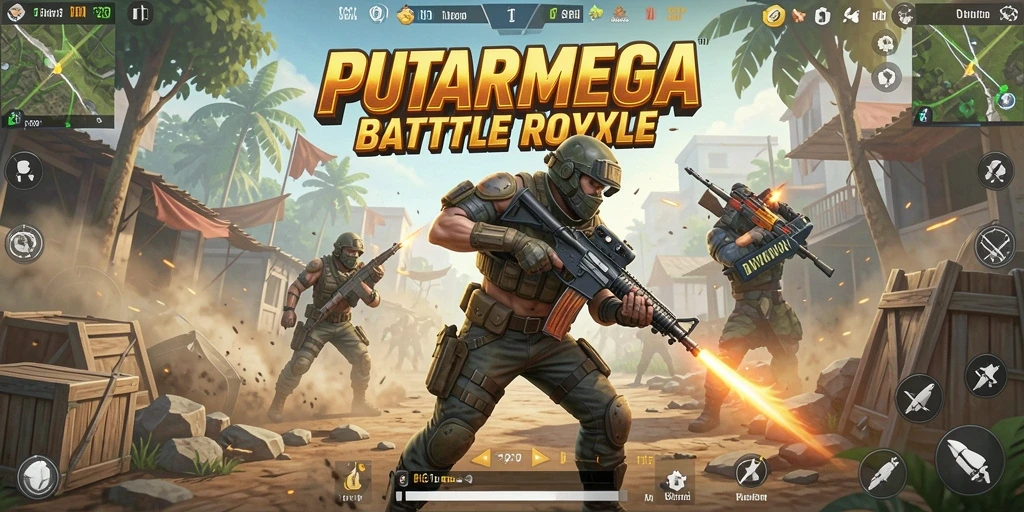 Tangkapan layar utama PUTARMEGA menampilkan aksi pertempuran intens di arena Battle Royale.
